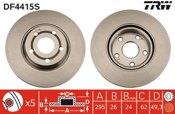 ÖN FREN DİSKİ (HAVA KANALLI) TOYOTA COROLLA VERSO 2,2L 2ADFTV AUR10 04-09 / 1,8L 1ZZ-FE VERSO ZNR11 04-> / 1,6L 3ZZ-FE ZNR10 VERSO 04-09 (295 çap x 5 bijon) - Adet disk fiyatıdır