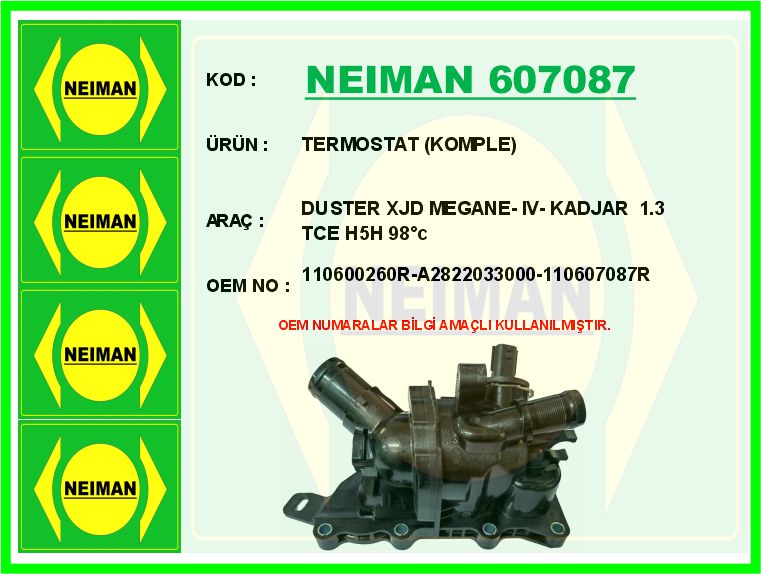 TERMOSTAT 98 °C KOMPLE RENAULT MEGANE IV 15> KADJAR 15> TALISMAN 15> SCENIC IV 15> DACIA DUSTER II 18> DOKKER 19>1.3 TCE H5H / NISSAN QASHQAI 1,3L DIG-T HR13DDT J11 19->