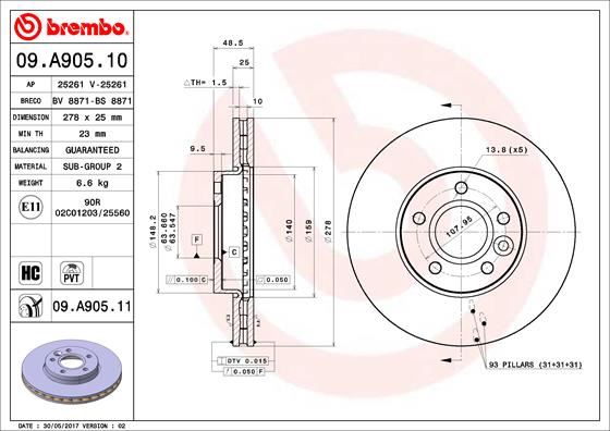 ON FREN AYNASI DISK FOCUS III 11 FOCUS II 04>11 C MAX 03>07 VOLVO C30 06>12 C70 06>13 S40 II 04>12 V50 05>12 (278x25x5DLxHVLI)