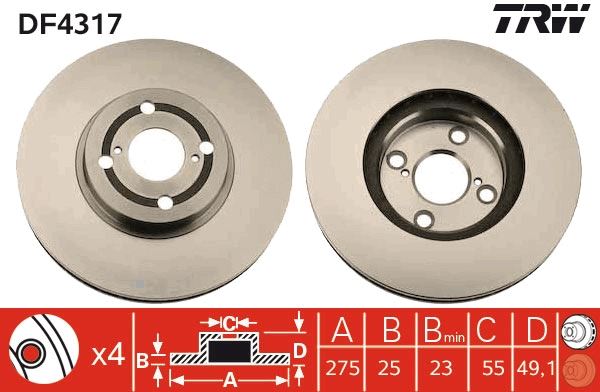 ÖN FREN DİSKİ (HAVA KANALLI) TOYOTA COROLLA 1,4L 1ND-TV NDE120 04-06 / VERSO 2,0L 1CD-FTV CDE120 03-06 (275 çap X 4 bijon) - Takım disk fiyatıdır