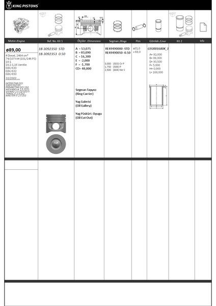 Piston Kiti 1 (89+STD) Opel-nissan-renault-vauxhal...