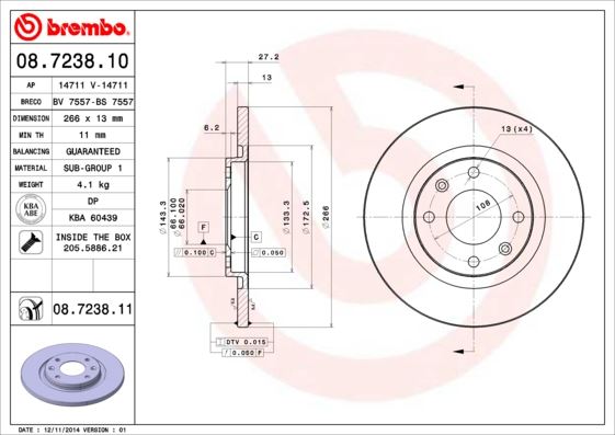 ÖN FREN AYNASI C2 1.4 1.4 HDİ 03=>C3 1.4 1.4HDI 02=> PARTNER-BERLINGO 1.4 1.9 D 2.0HDI (266x13x4DL)