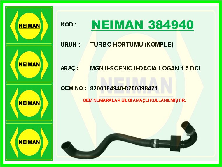 TURBO HORTUMU RENAULT TURBO HORTUMU (KOMPLE) MEGANE II 02> SCENIC II 02> DACIA LOGAN 06> 1.5dCi