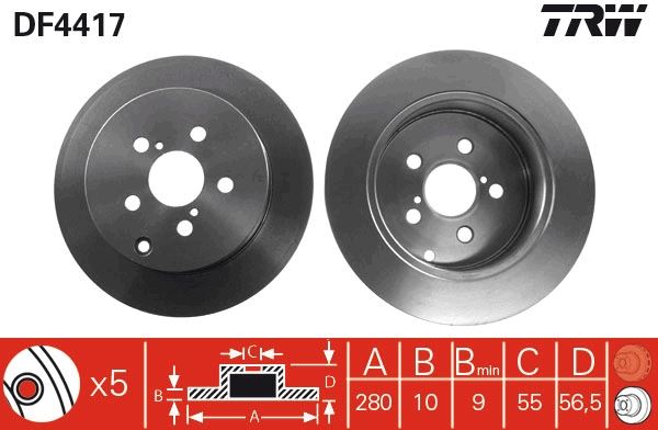 ARKA FREN DİSKİ (DOLU TİP) TOYOTA AVENSIS 1.6L 3ZZ-FE ZZT250 03-08 / 2.0L 1AZ-FE 1AZFSE AZT250 03-08 / 2.0L 1AD-FTV ADT250 06-08 / 2.0L 1CD-FTV CDT250 03-08 (280 çap X 5 bijon) - Takım disk fiyatıdır