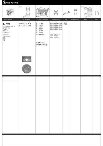 Piston+segman 1 (Riken Seg.) 0.50 77 050 Üst Ölçü ...