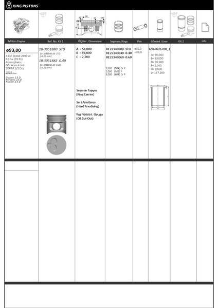 Piston Kiti 1 (93+STD) Fiat-opel-renault