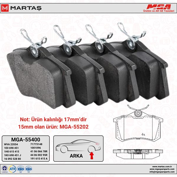 ARKA FREN BALATASI-KABLOSUZ (17MM) (RENAULT MEGANE II / PEUGEOT 307 CITROEN C3 / C4 - VW CADDY 04-15 GOLF 84-16 PASSAT 97-