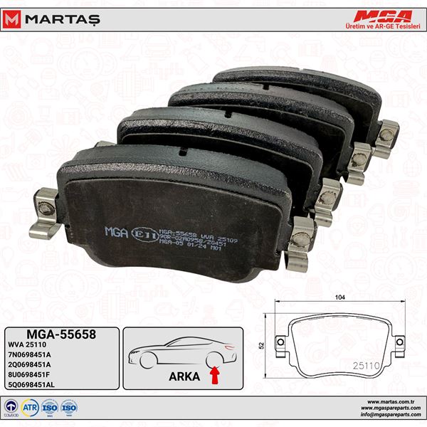 ARKA FREN BALATASI- (VW CADDY 16- GOLF 16 PASSAT 15- POLO 18- SEAT LEON 13-16 SKODA OCTAVIA 13-17)